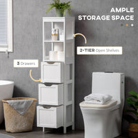 Narrow Bathroom Cabinet with 3 Drawers and 2 Tier Shelf, Tall Cupboard Freestanding Linen Tower, White