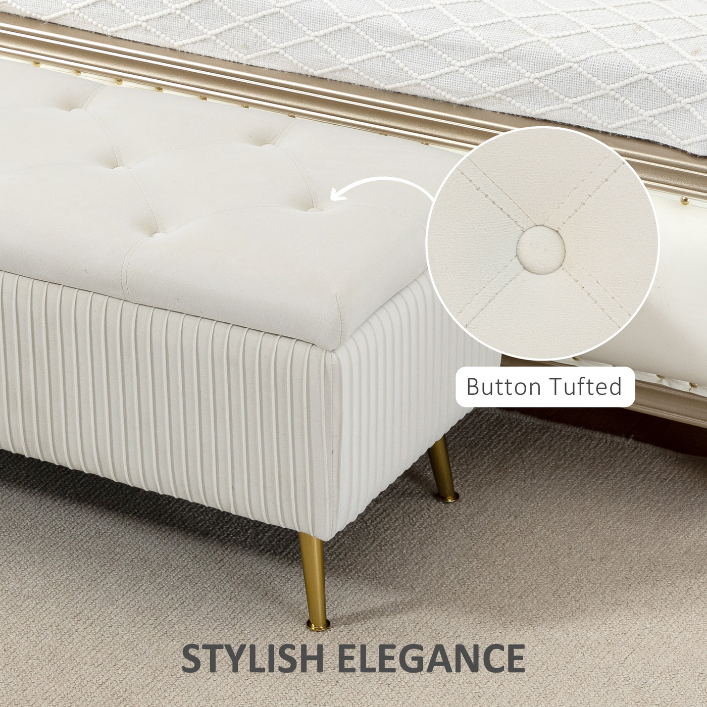 Storage Ottoman Bench, 43 Inch Large Storage Chest with Steel Legs and Padded Seat, Foot Rest, Load 485 lbs, Beige