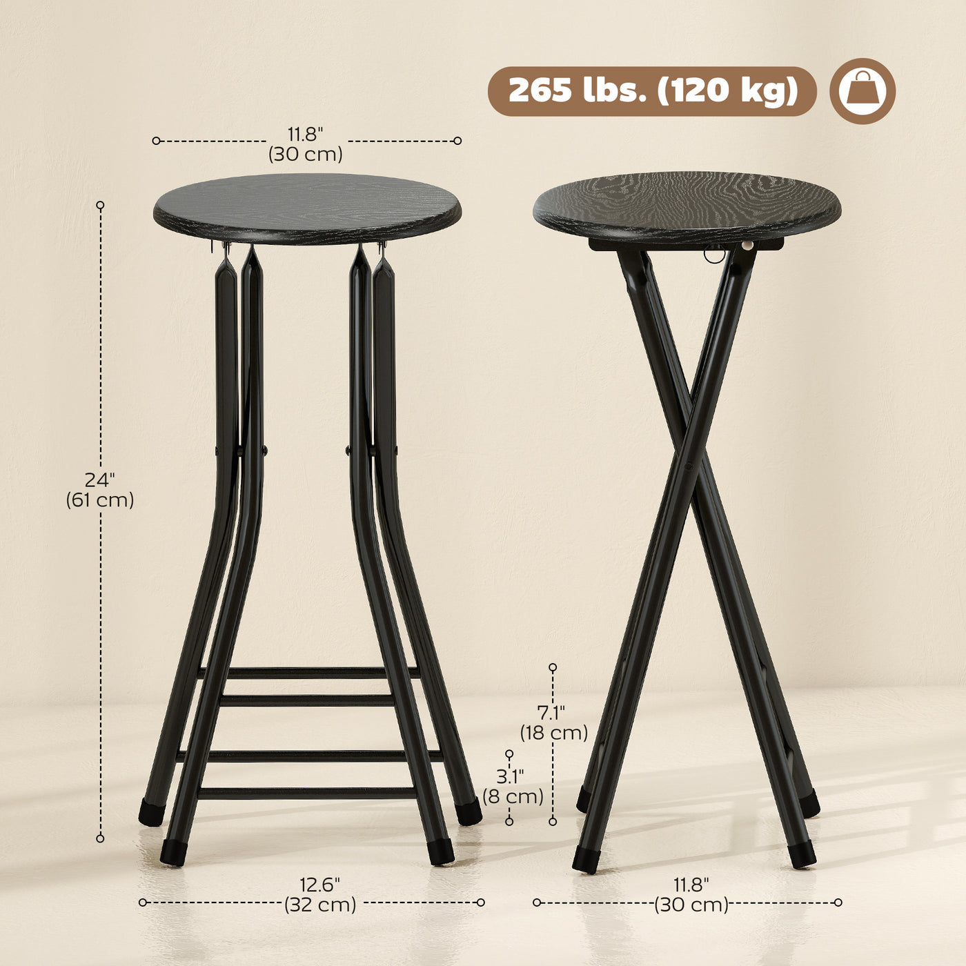 Set of 2 Foldable Barstools, Counter Height Bar Stools with Footrest and Steel Legs for Kitchen Island, Black
