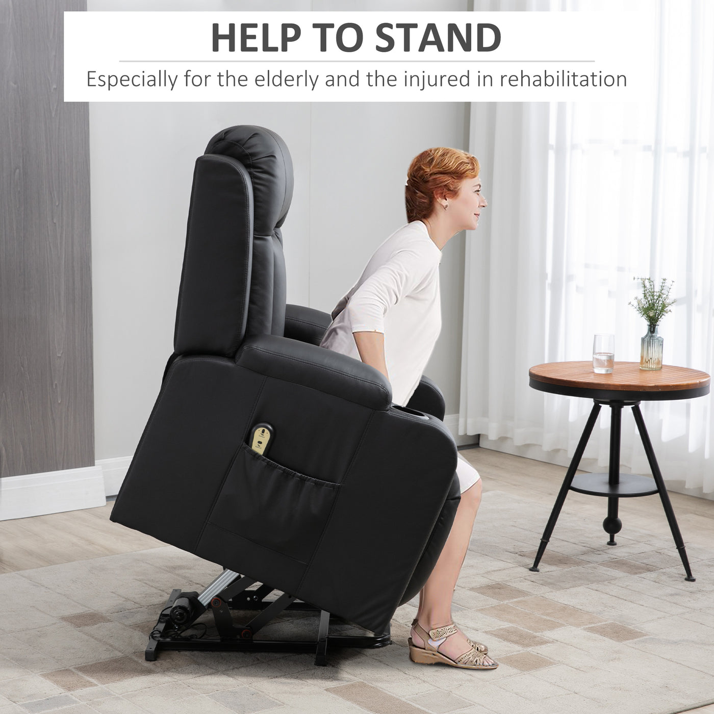 Power Lift Recliner Chair for Elderly, PU Leather Electric Recliner Chair with Footrest, Remote Control, Side Pockets and Cup Holders for Living Room, Black
