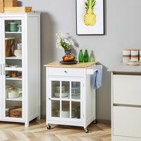 Rolling Kitchen Cart with Drawer and Glass Door Cabinet, Kitchen Island on Wheels with Towel Rack, White