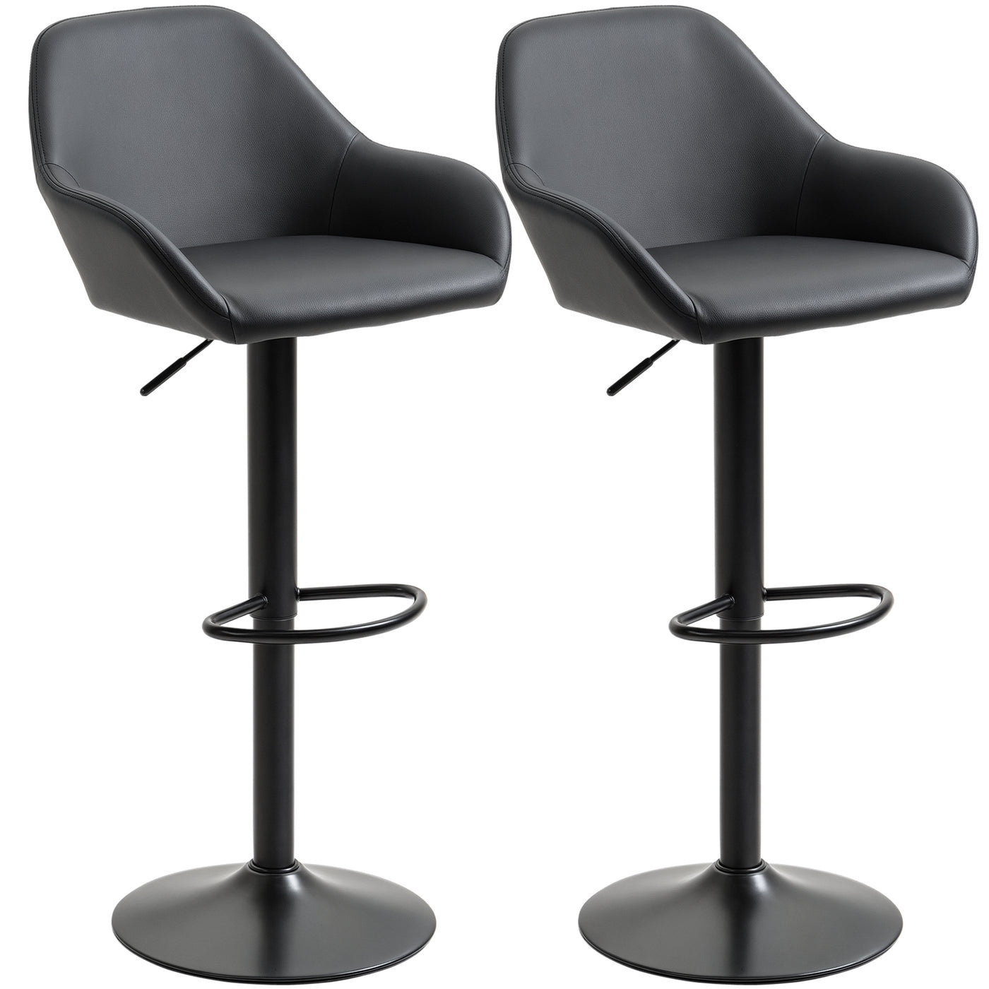 Adjustable Bar Stools Set of 2, Swivel Barstools with Footrest and Back, PU Leather and Steel Round Base, Black