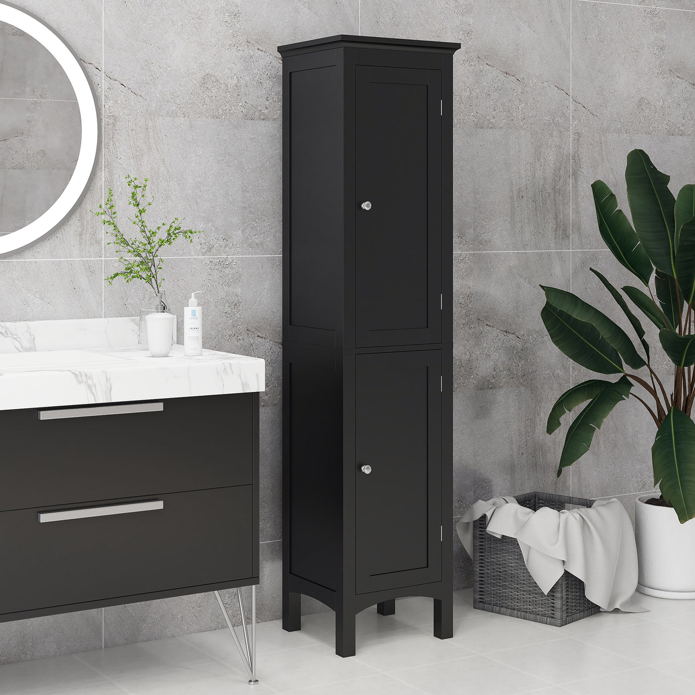 Tall Bathroom Cabinet, Freestanding Storage Organizer with Adjustable Shelves and Cupboards, 15" x 13" x 63", Black