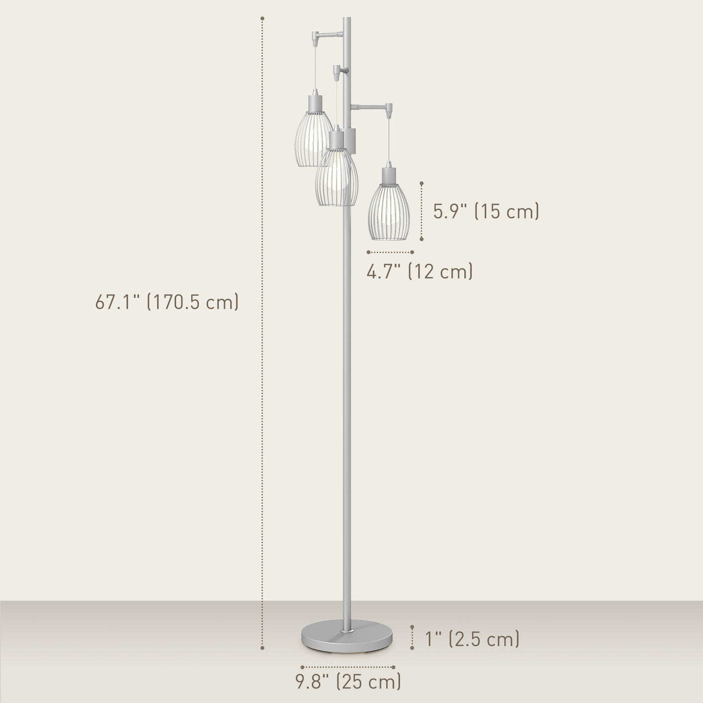 Industrial Floor Lamp with 3 Hanging Wire Lampshades, Dimmable Standing Lamp for Living Room, Silver