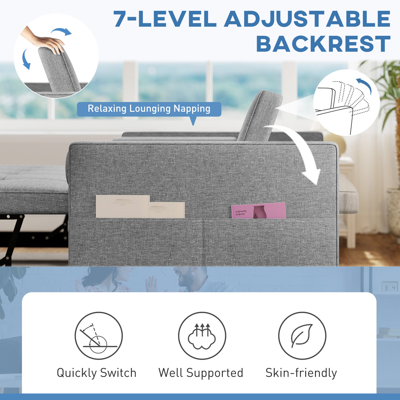 Pull Out Sofa Bed, Sleeper Sofa Couch with USB Ports, Small Linen Loveseat Futon Couch for Living Room, Grey