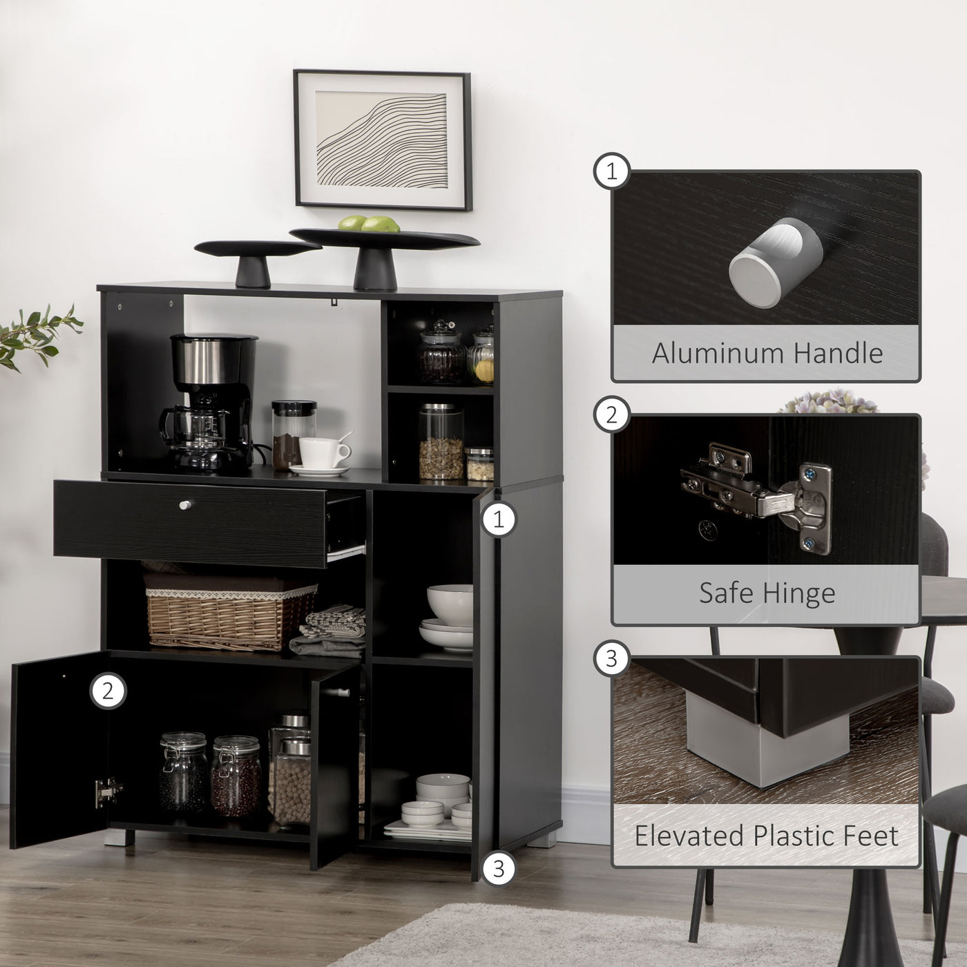 Compact Kitchen Pantry Buffet Server Hutch Storage Cabinet  with Microwave Oven Stand Drawer and Shelves, Black