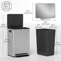 Trash Can with Soft-Close Lid, Garbage Can with Removable Inner Bucket for Kitchen 13.2 gal/50 L, Silver