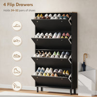 Narrow Shoe Cabinet with 4 Flip Drawers, Shoe Storage Cabinet with Adjustable Shelves, Holds 24–32 Pairs, Black