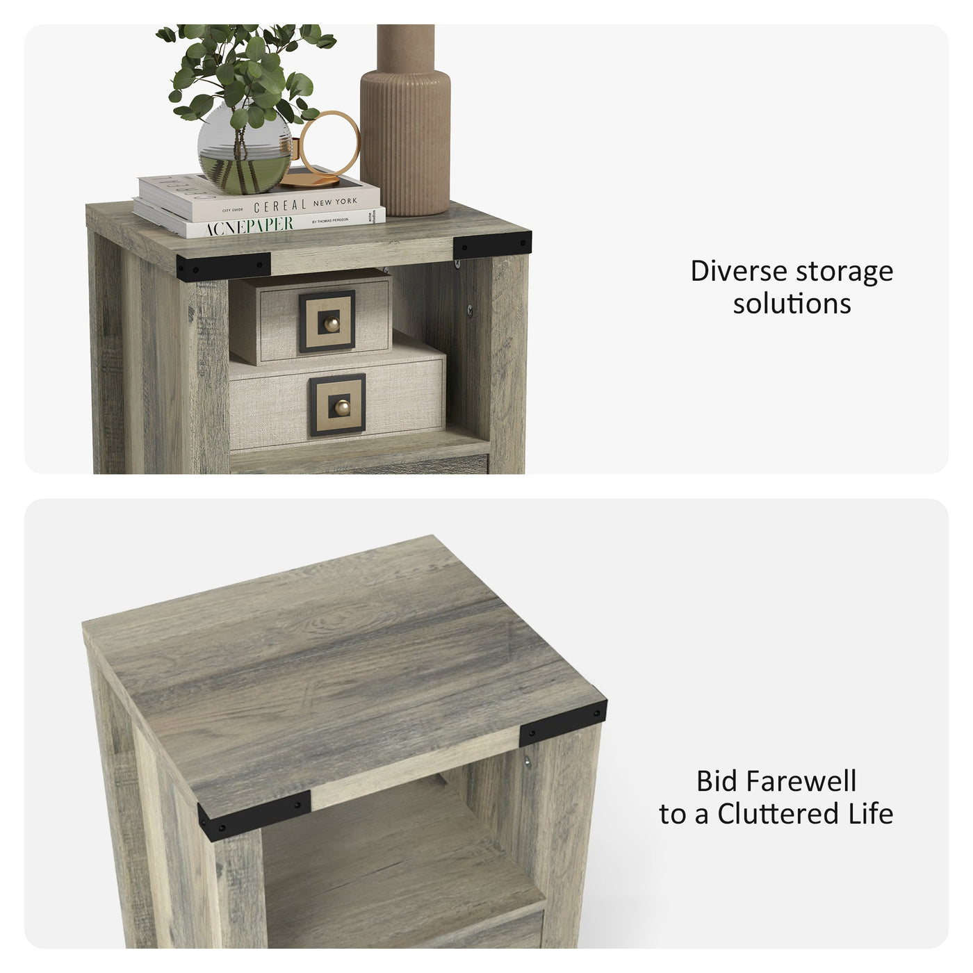 Small Side Table with Storage, Farmhouse End Table with Drawer, Open Shelf and Barn-style Panel, Nightstand for Living Room, Bedroom, Grey