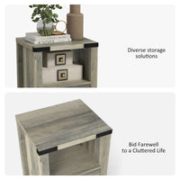 Small Side Table with Storage, Farmhouse End Table with Drawer, Open Shelf and Barn-style Panel, Nightstand for Living Room, Bedroom, Grey