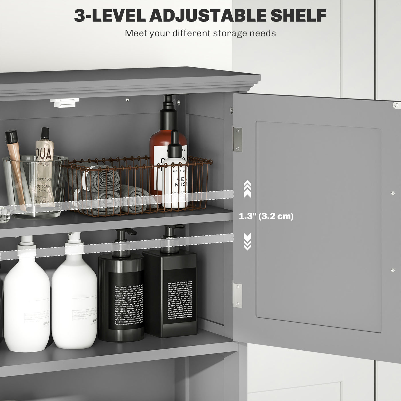 Modern Over The Toilet Storage, Bathroom Cabinets Over Toilet with Open Shelves and Double Door Cabinet, Grey