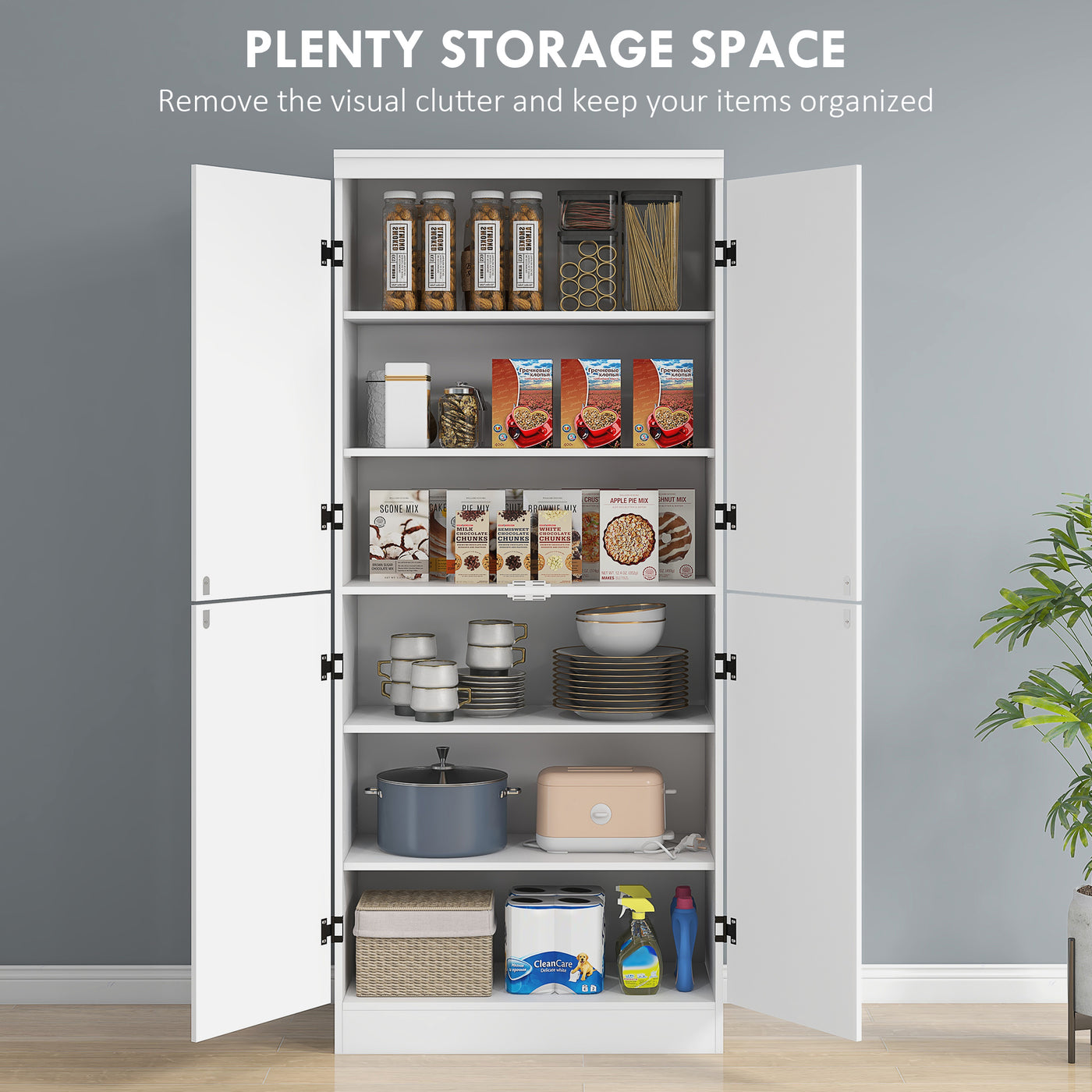 70" 4-Door Storage Cabinet, Freestanding Pantry Cabinet with Adjustable Shelves for Living Room, White