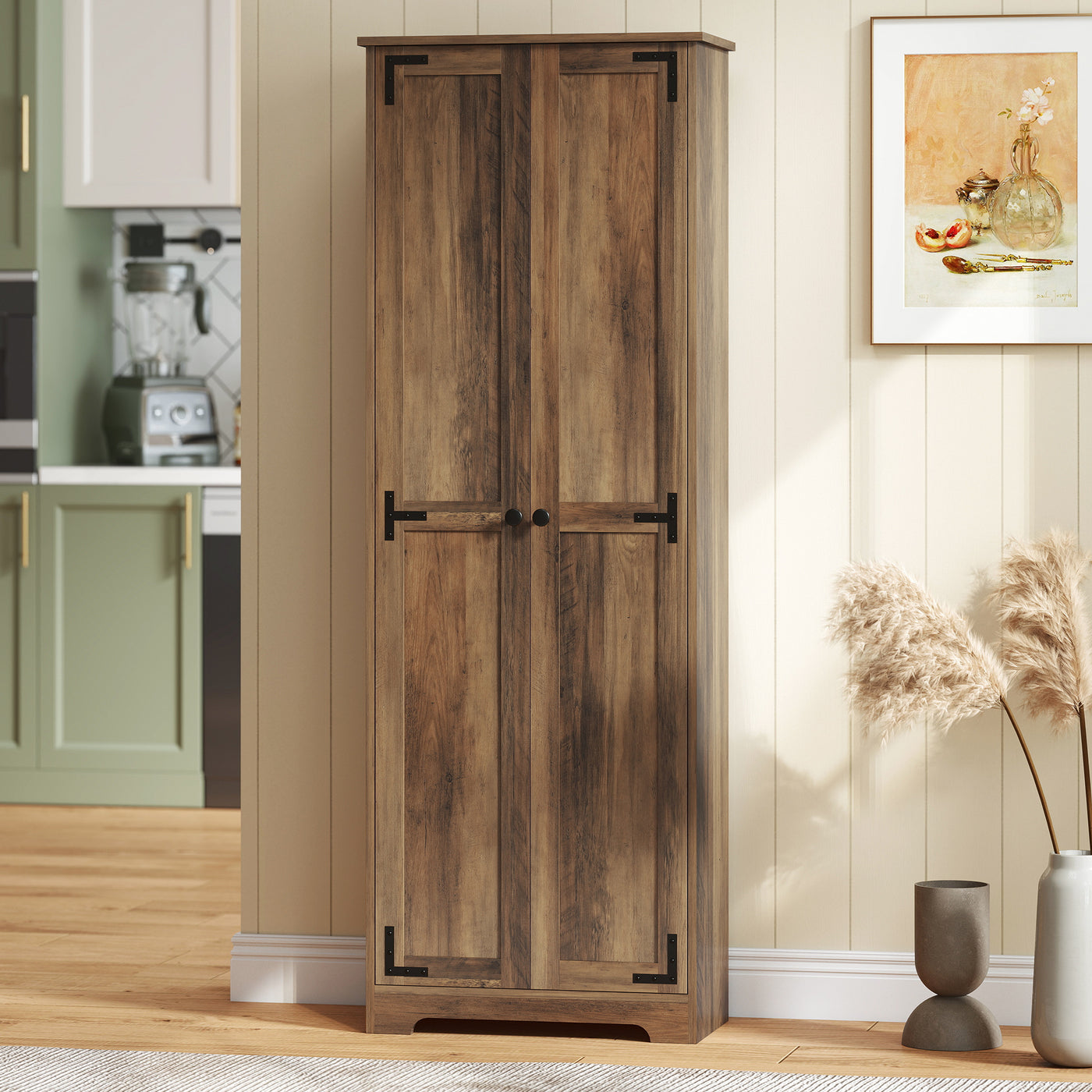 67" Farmhouse Pantry Cabinet with 2 Doors, Tall Storage Cabinet with Adjustable Shelves, Brown Wood Grain