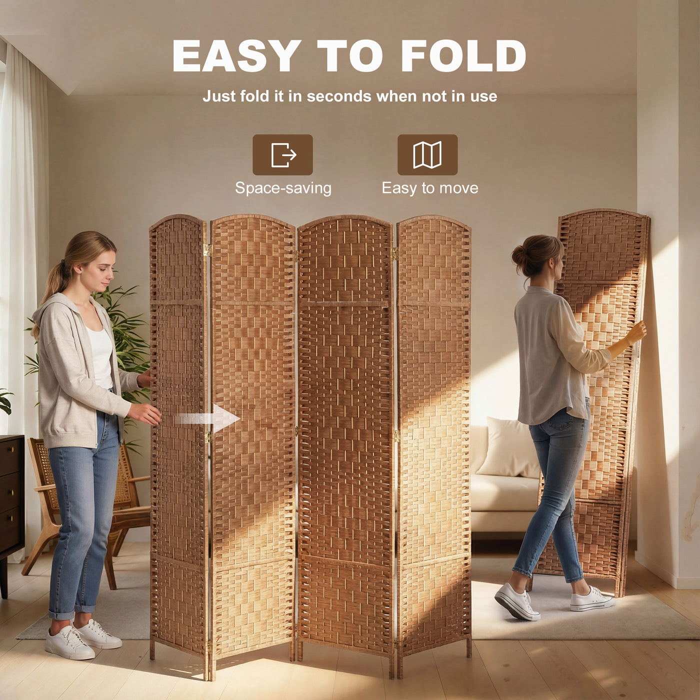 6ft Folding Room Divider, 4 Panel Wall Partition with Wooden Frame for Bedroom, Home Office, Natural