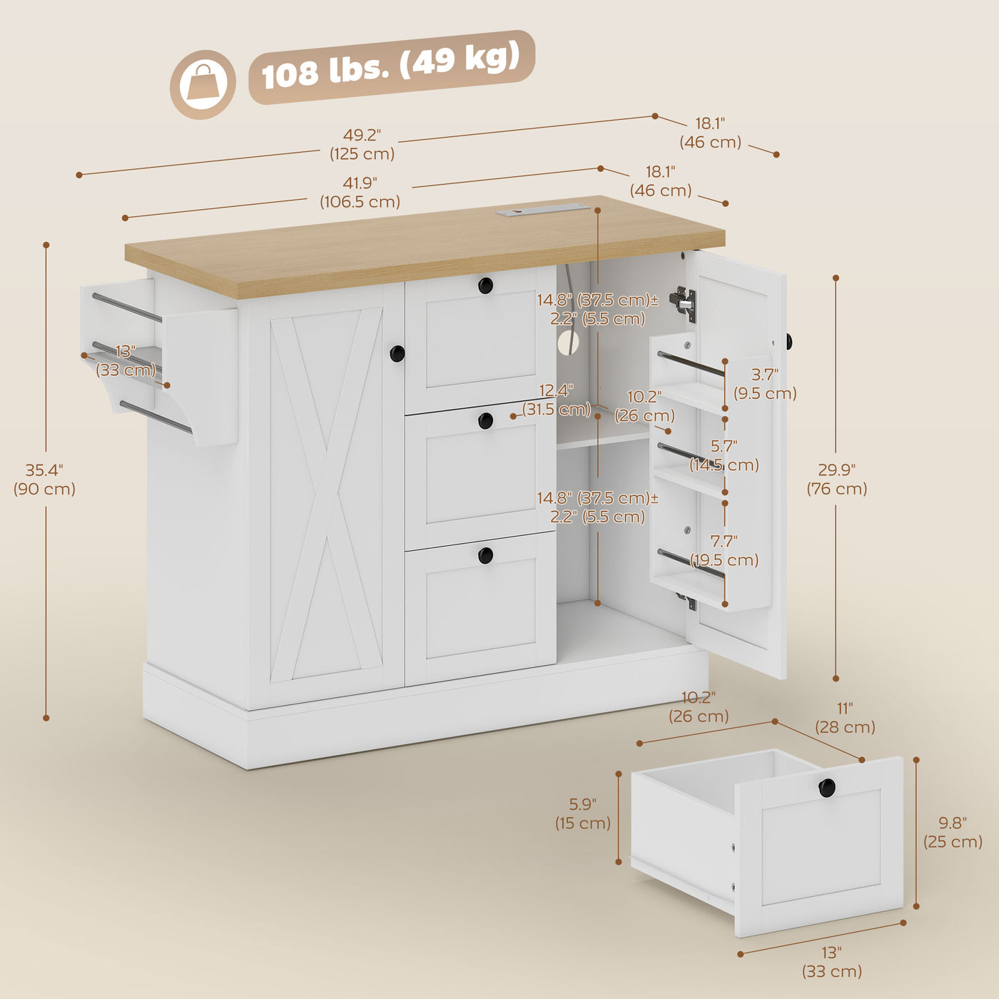 Farmhouse Kitchen Island Cart with Power Outlet and Soft-Close Doors, 49" Kitchen Island with 3 Drawers, White