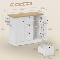 Farmhouse Kitchen Island Cart with Power Outlet and Soft-Close Doors, 49" Kitchen Island with 3 Drawers, White