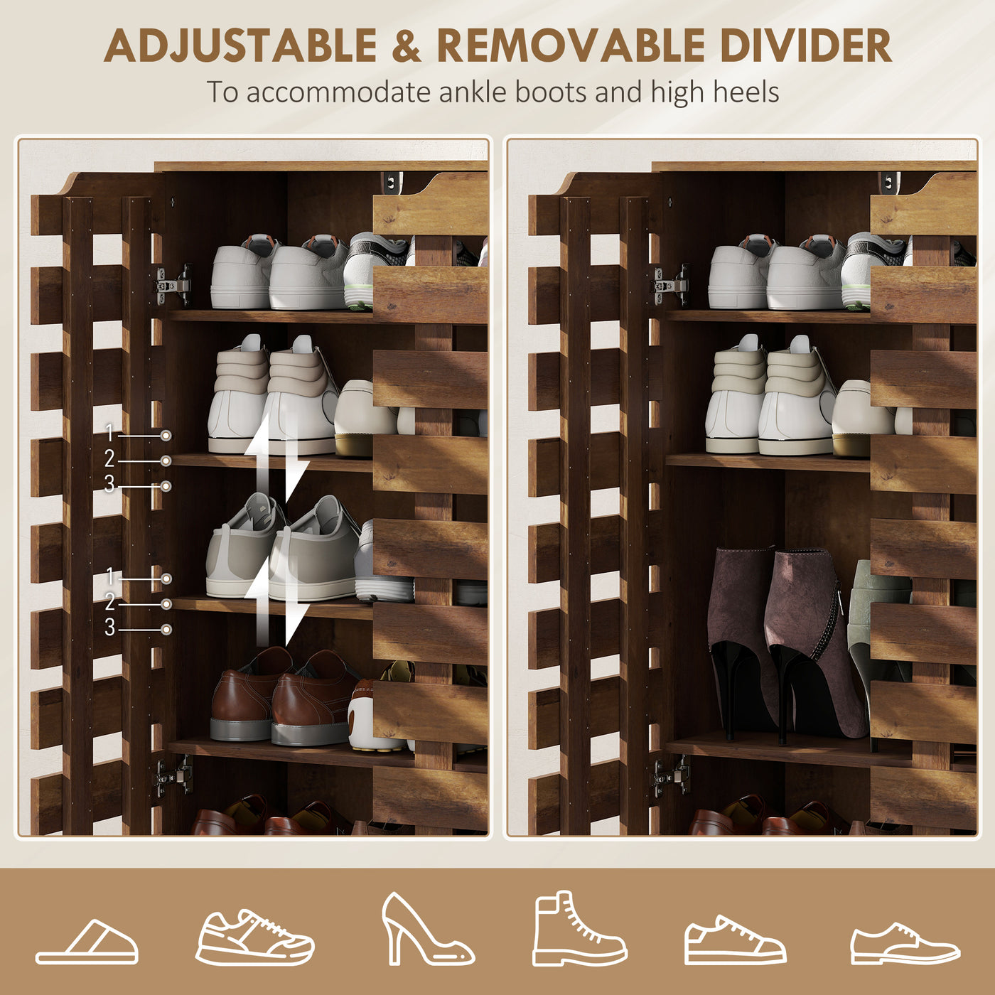 Shoe Cabinet, 20 Pair Shoe Storage Cabinet with Hollowed-Out Doors, Distressed Brown
