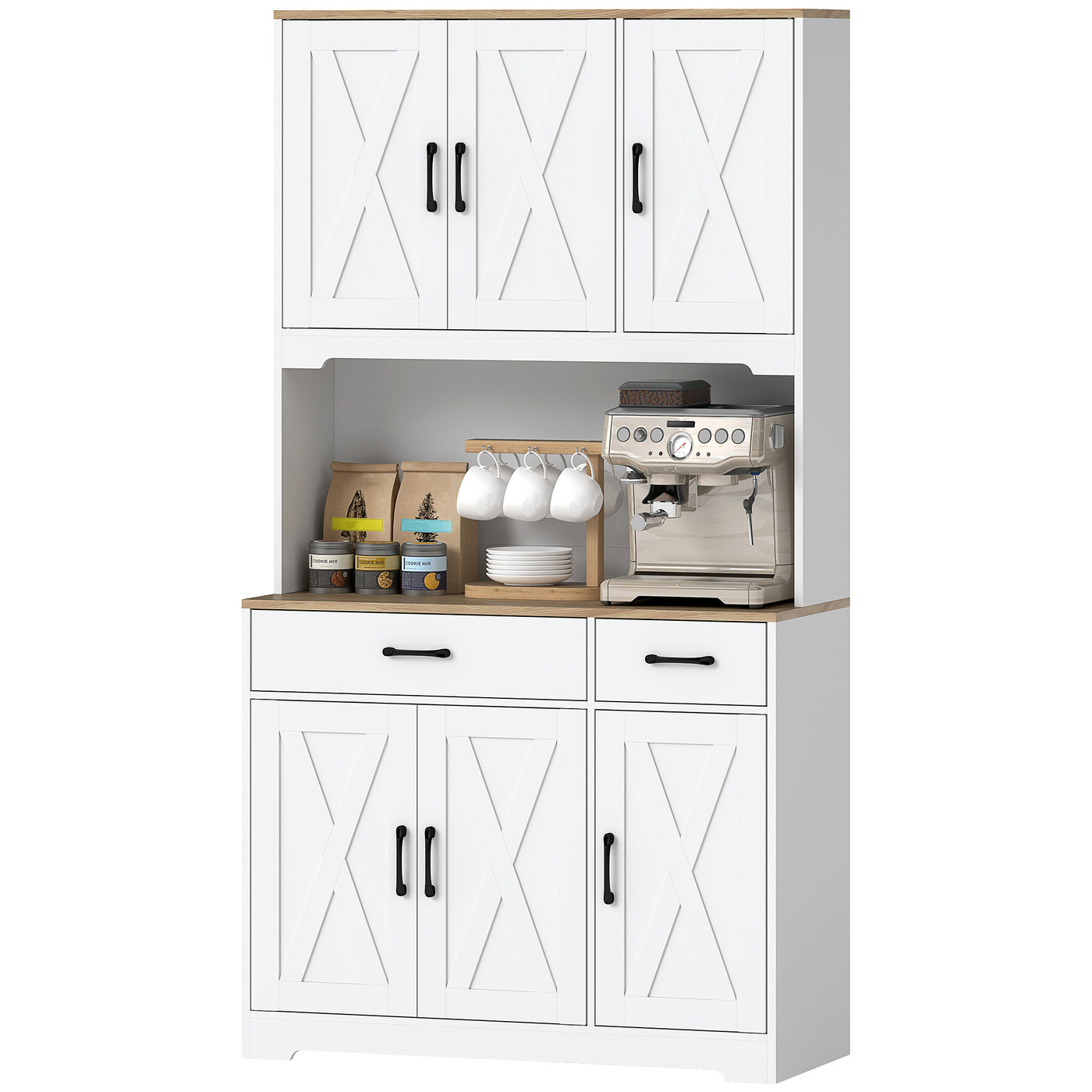 Tall Kitchen Pantry, 6 Doors, 2 Drawers, Adjustable Shelves & Worktop, Rustic Storage Cabinet for Living Room White