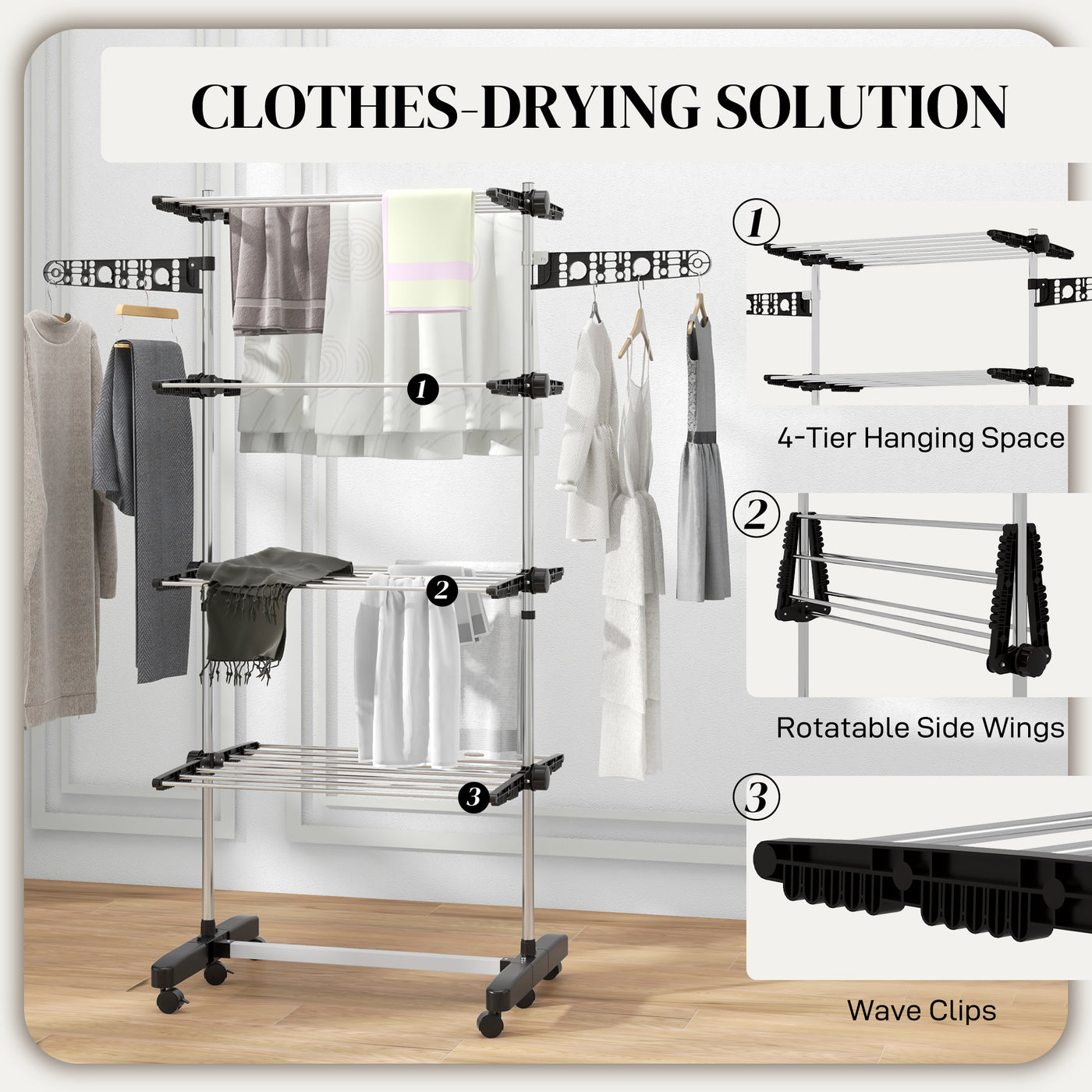 Garment Drying Rack Stainless Steel Folding Clothes Hanging Rack with Side Wings Castors for Indoor Outdoor Black