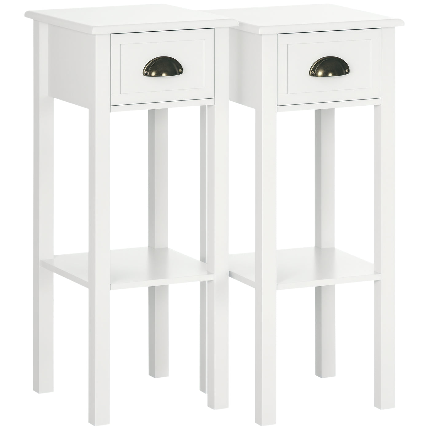 2 Tier Side Table, Set of 2, Narrow Tall End Table with Drawer and Shelf, Slim Wooden Nightstand for Living Room, Bedroom, Hallway, White