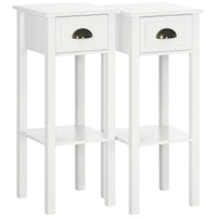 2 Tier Side Table, Set of 2, Narrow Tall End Table with Drawer and Shelf, Slim Wooden Nightstand for Living Room, Bedroom, Hallway, White