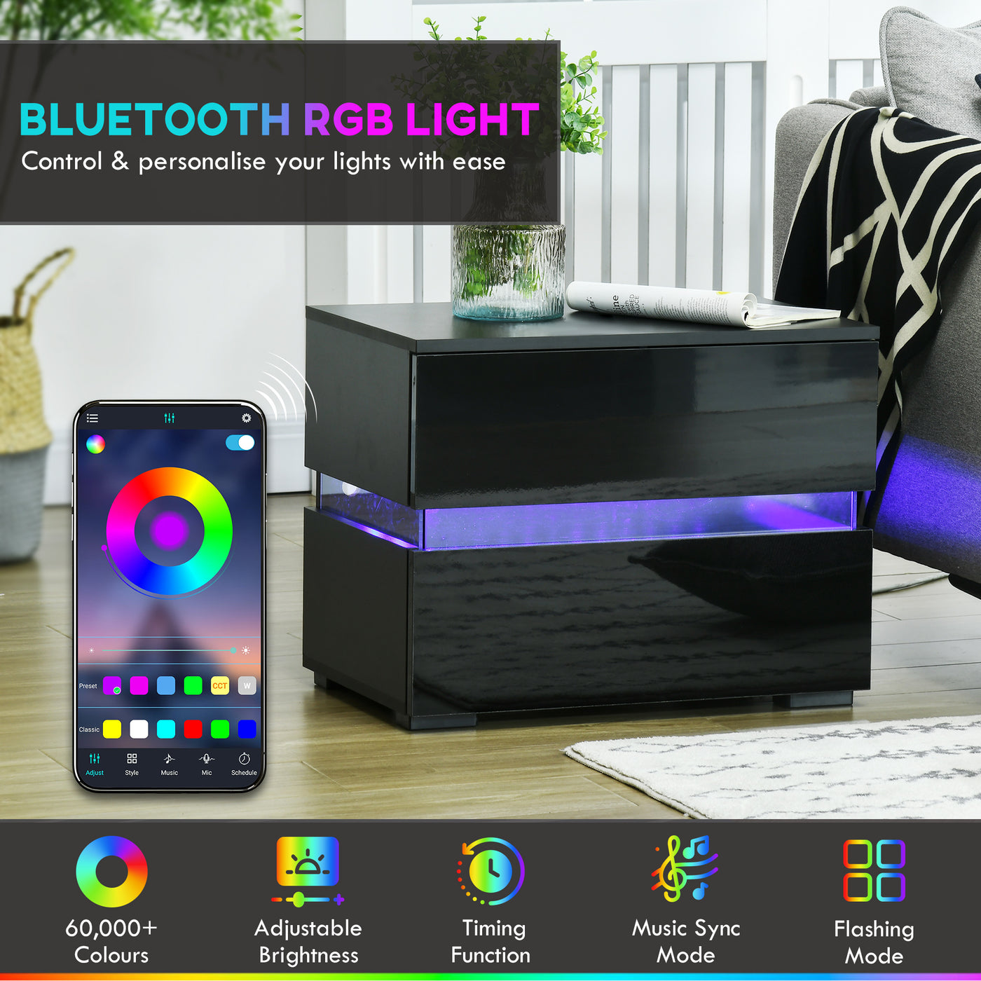 Modern Nightstand, Bedside Table with 2 Drawers, RGB LED Lights for Bedroom, Black
