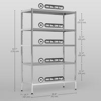 Bakers Rack, 5-Tier Stainless Steel Kitchen Storage Shelf with Adjustable Heights for Spices, Pots and Pans, Silver