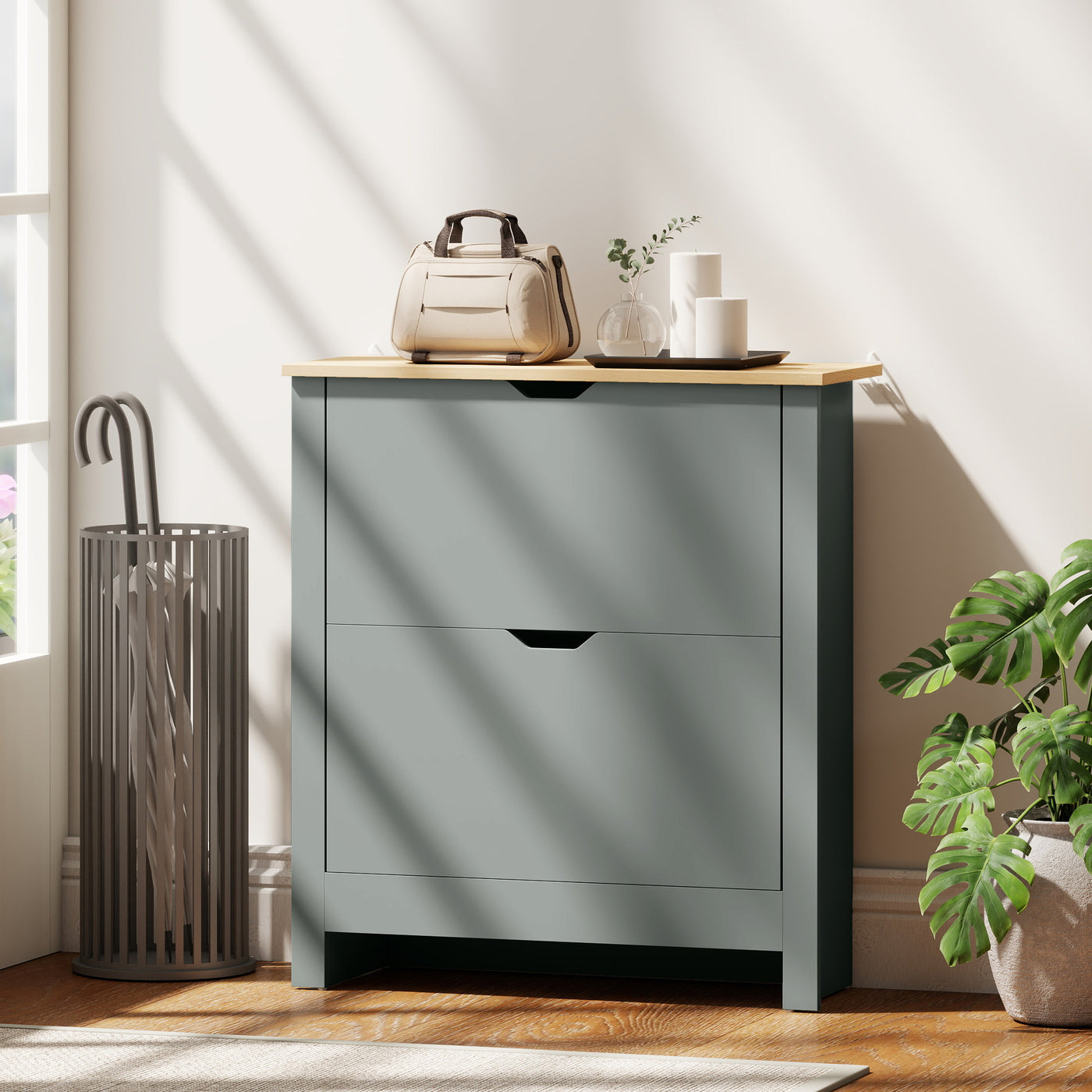 Shoe Storage Cabinet with 2 Flip Drawers and Adjustable Shelves for 8–12 Pairs of Shoes, Light Grey