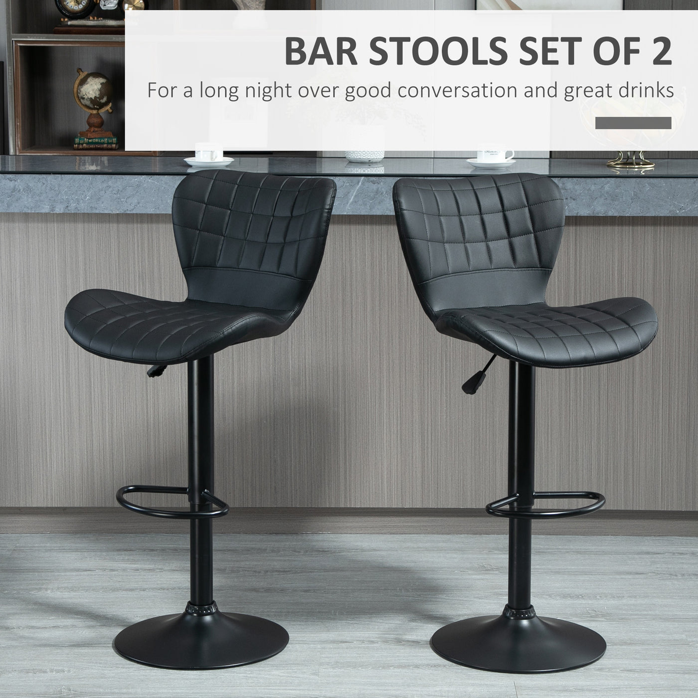 Bar Stools Set of 2, Adjustable Height Swivel Bar Chairs, PU Leather Upholstered Kitchen Counter Stools with Wide Seat, Back and Footrest, Black
