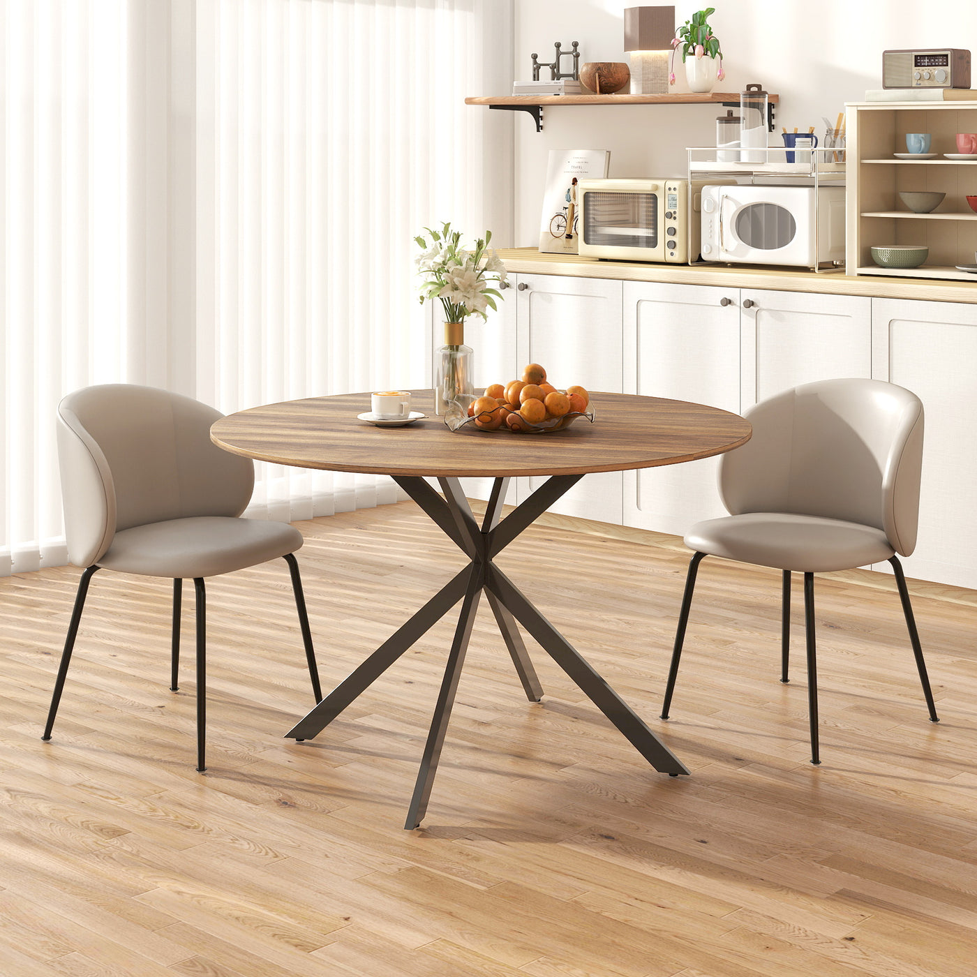 47" Round Kitchen Table for 4, Industrial Dining Table with Steel Legs for Dining Room, Dark Brown and Black