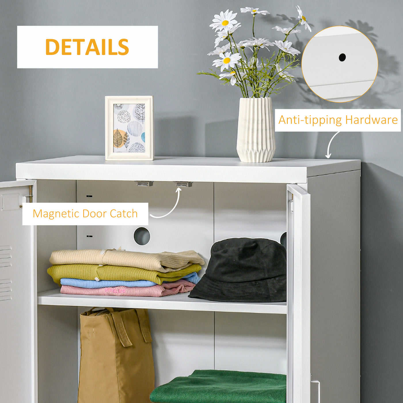 Metal Storage Cabinet, Industrial Sideboard Buffet Cabinet with 2 Louvered Doors, Adjustable Shelves, White