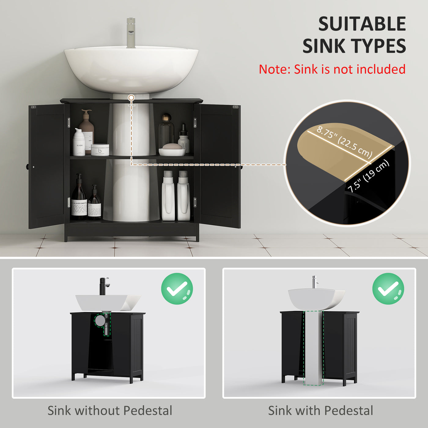 Bathroom Vanity, 24" Pedestal Sink Bathroom Vanity Furniture with 2 Doors and Shelf, Black