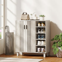 Shoe Storage with Double Doors and Open Shelves 17 Pair Shoe Storage Organizer for Entryway Hallway Light Grey