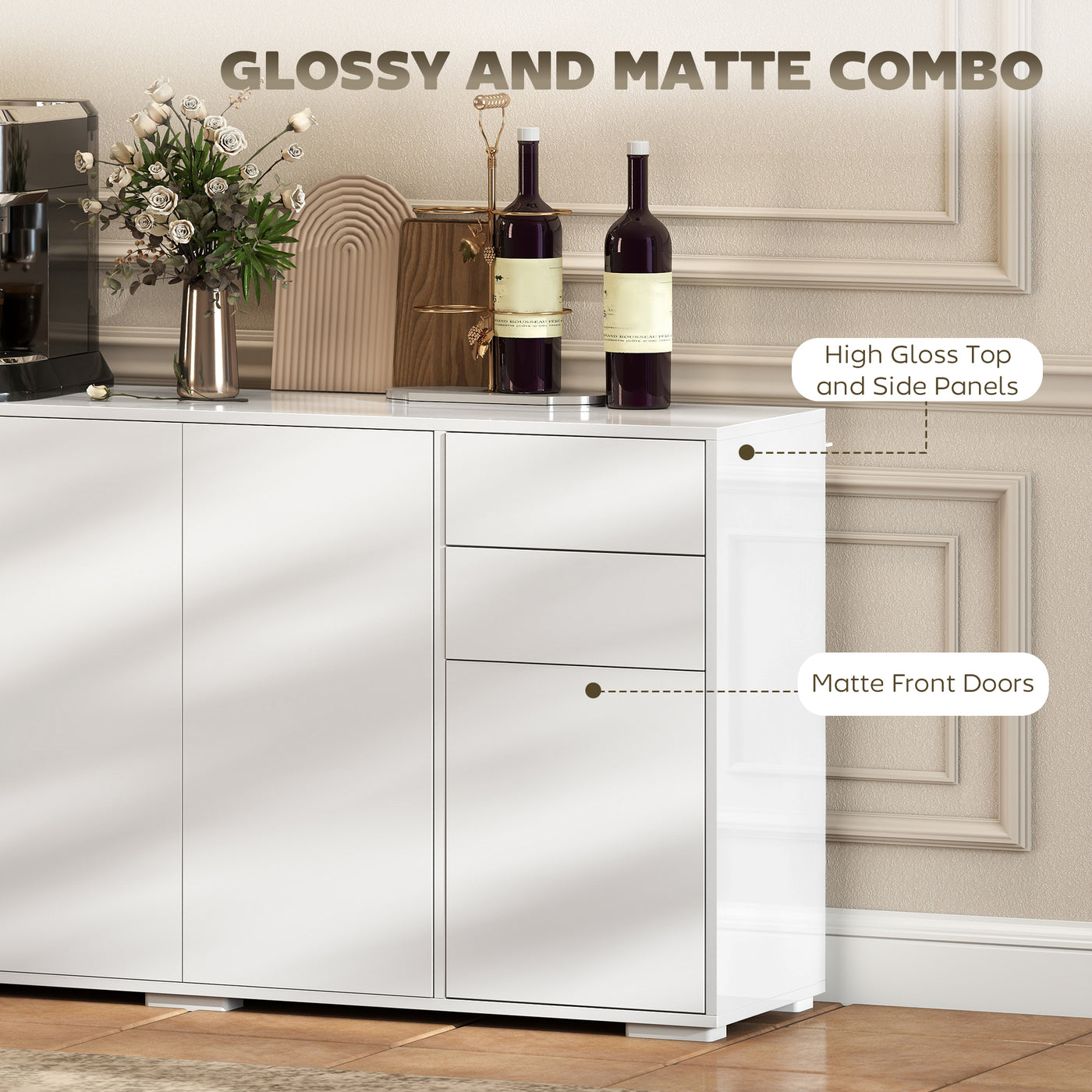 Kitchen Sideboard Storage Cabinet, Modern Coffee Bar Cabinet with Push-Open Design and 2 Drawers for Living Room, White