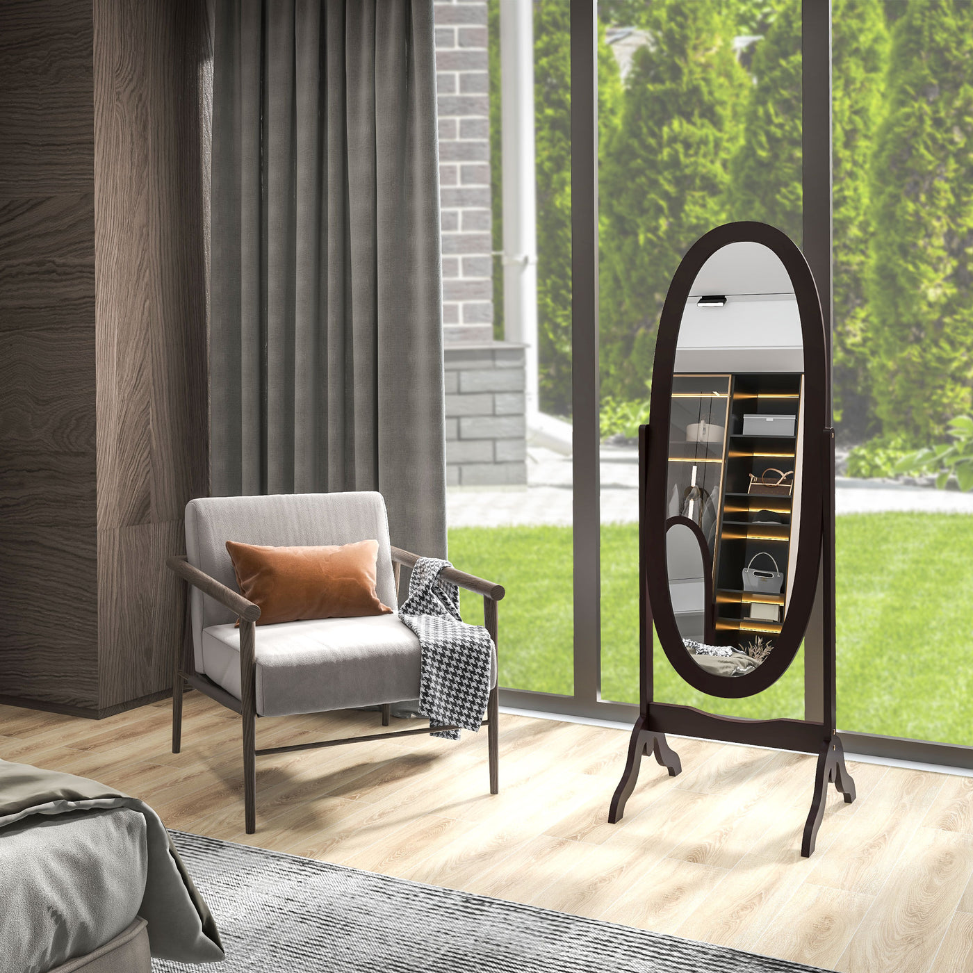 Floor Standing Mirror Full Length Mirror with Adjustable Angle Oval Frame for Dressing Room Bedroom Living Room Coffee