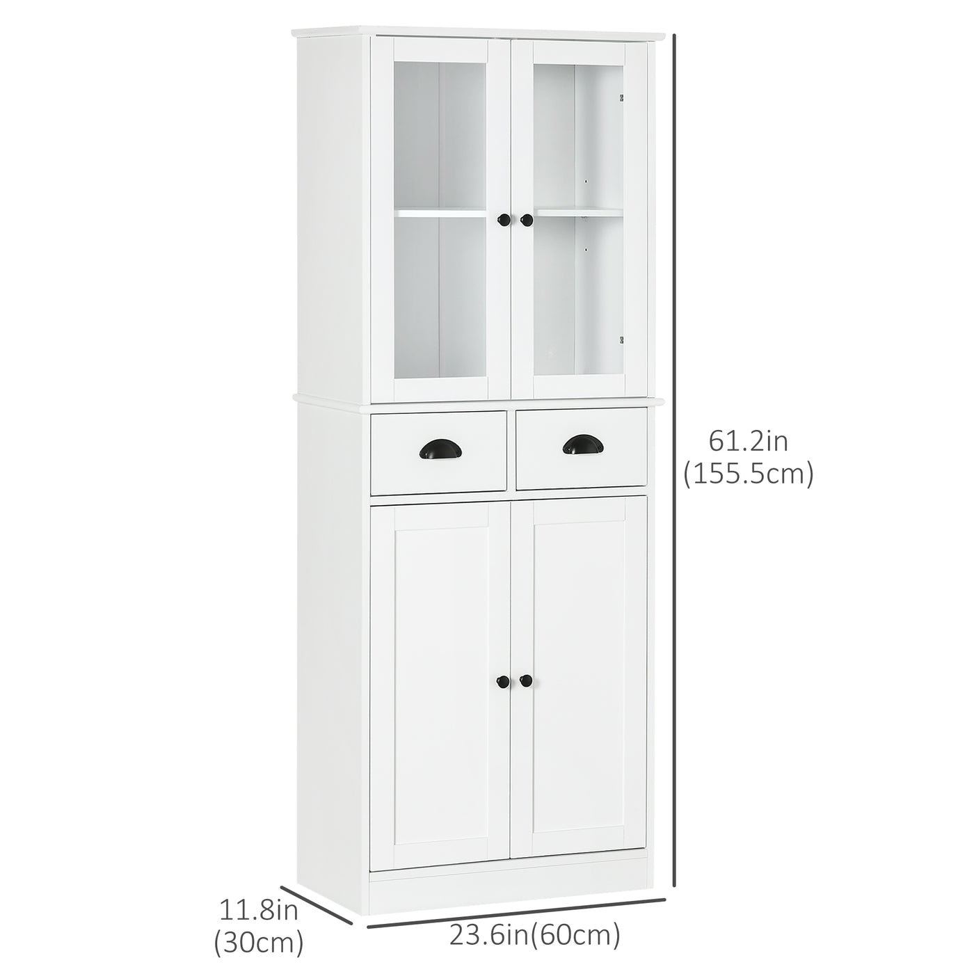61" Kitchen Pantry Cabinet, Freestanding Farmhouse Buffet Storage Cabinet with Soft Close Glass Doors and Adjustable Shelves, White