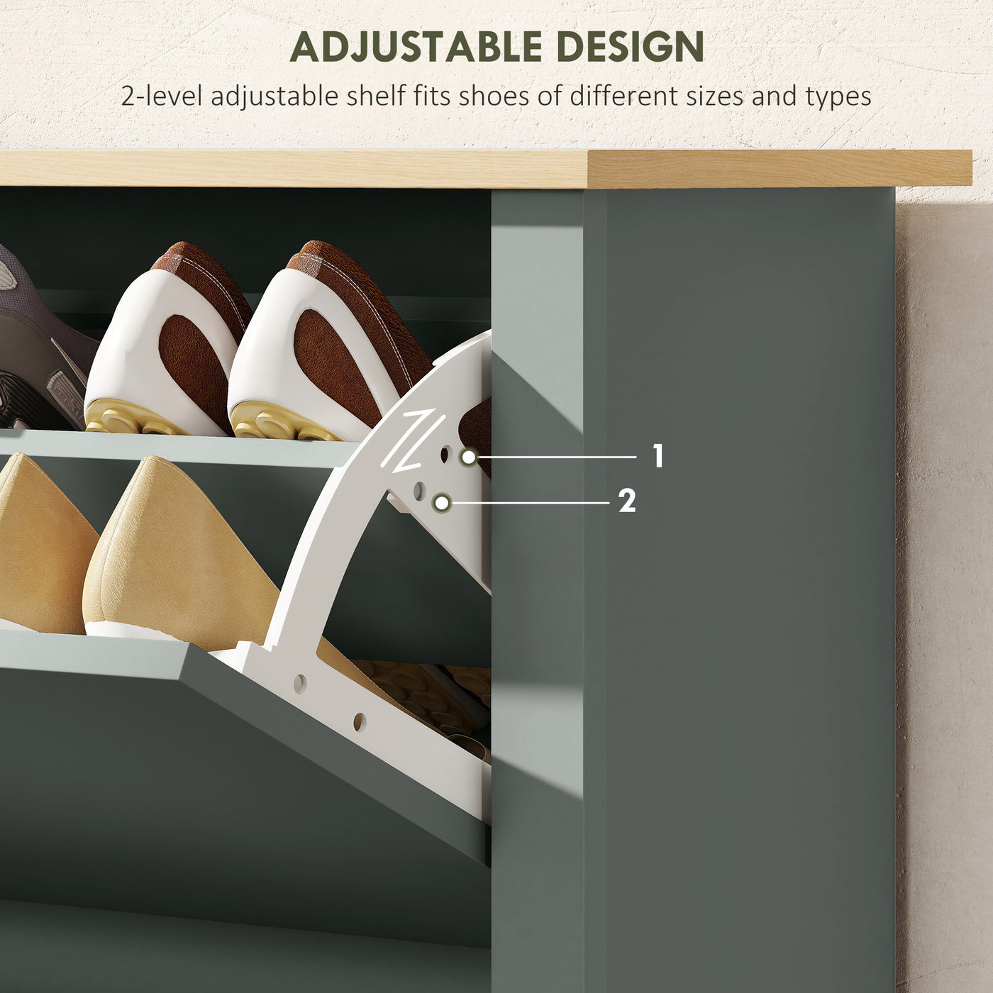 Shoe Storage Cabinet with 2 Flip Drawers and Adjustable Shelves for 8–12 Pairs of Shoes, Light Grey