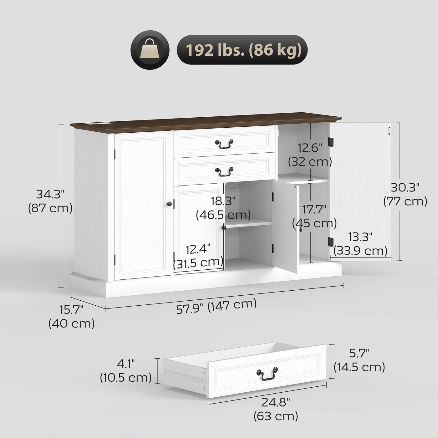 Farmhouse Sideboard with Charging Station and Thickened Top, 58" Buffet Cabinet with 2 Soft-Close Drawers, White