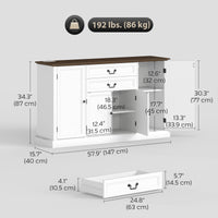 Farmhouse Sideboard with Charging Station and Thickened Top, 58" Buffet Cabinet with 2 Soft-Close Drawers, White