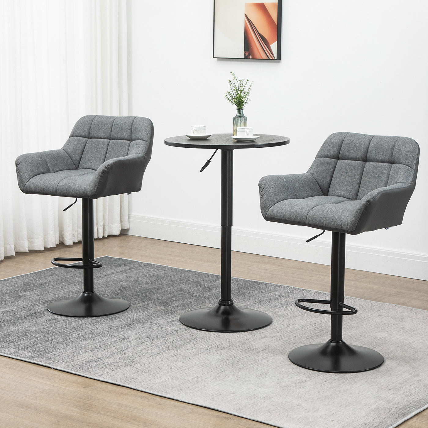 Swivel Barstools Set of 2 Adjustable Bar Stools with Footrest Armrests and PU Leather Back for Dining Room Grey