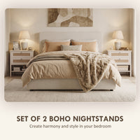 Set of 2 Boho Bedside Tables, Rattan Nightstands with 2 Drawers, Storage Shelf, End Side Tables for Bedroom, White Oak