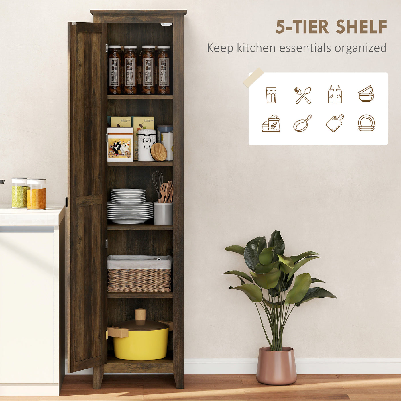 67" Farmhouse Kitchen Pantry Storage Cabinet with Barn Door, Kitchen Pantry Cabinet with Adjustable Shelves, Brown