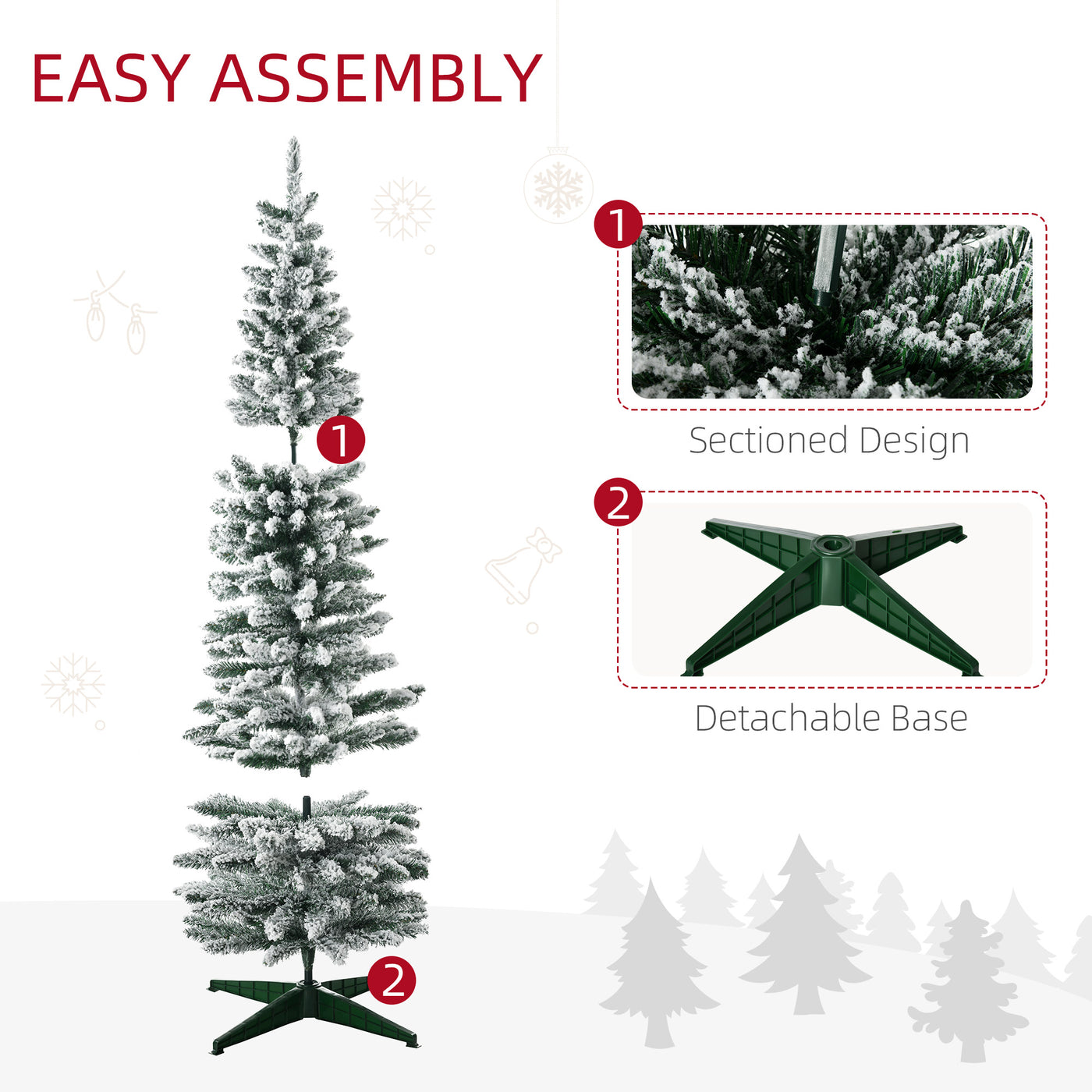 6ft Tall Pencil Artificial Christmas Tree, Holiday Décor with Snow Flocked Branches, Green