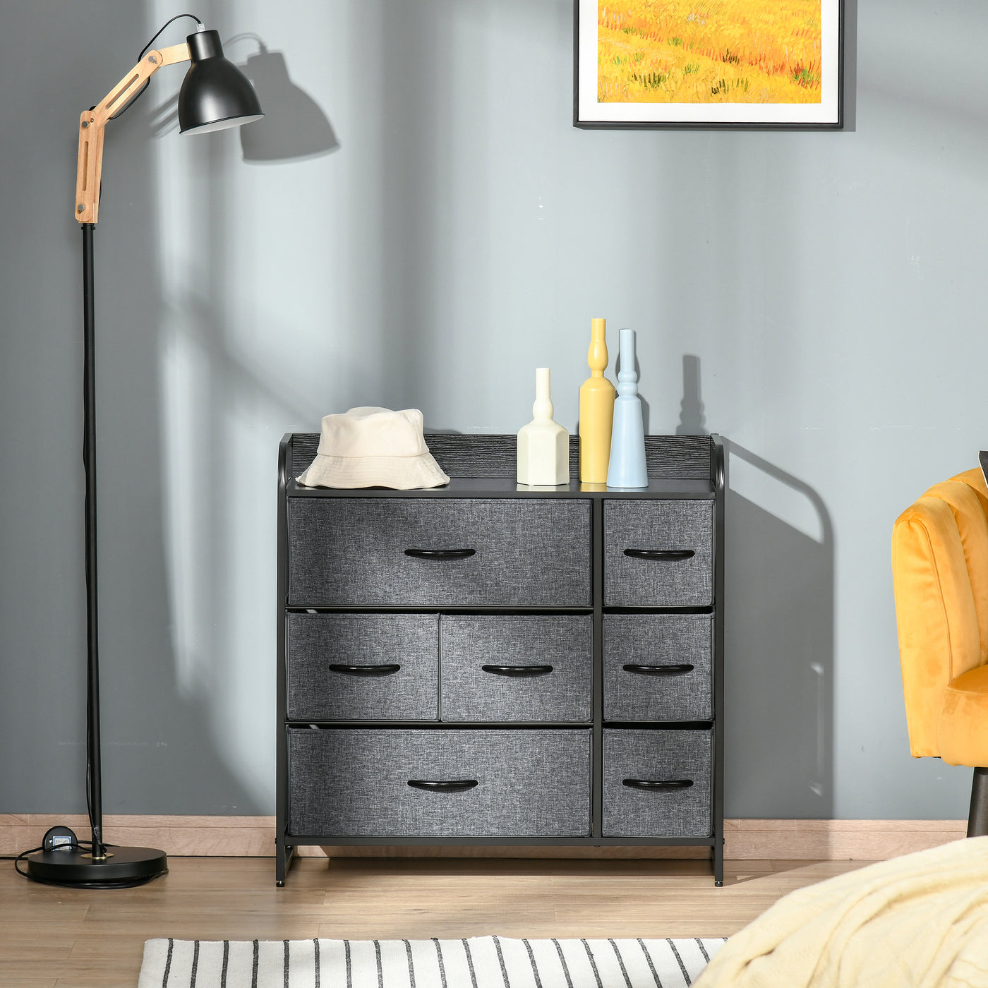 7-Bin Dresser Storage Tower Cabinet Organizer Unit, Easy Pull Fabric Bins with Metal Frame