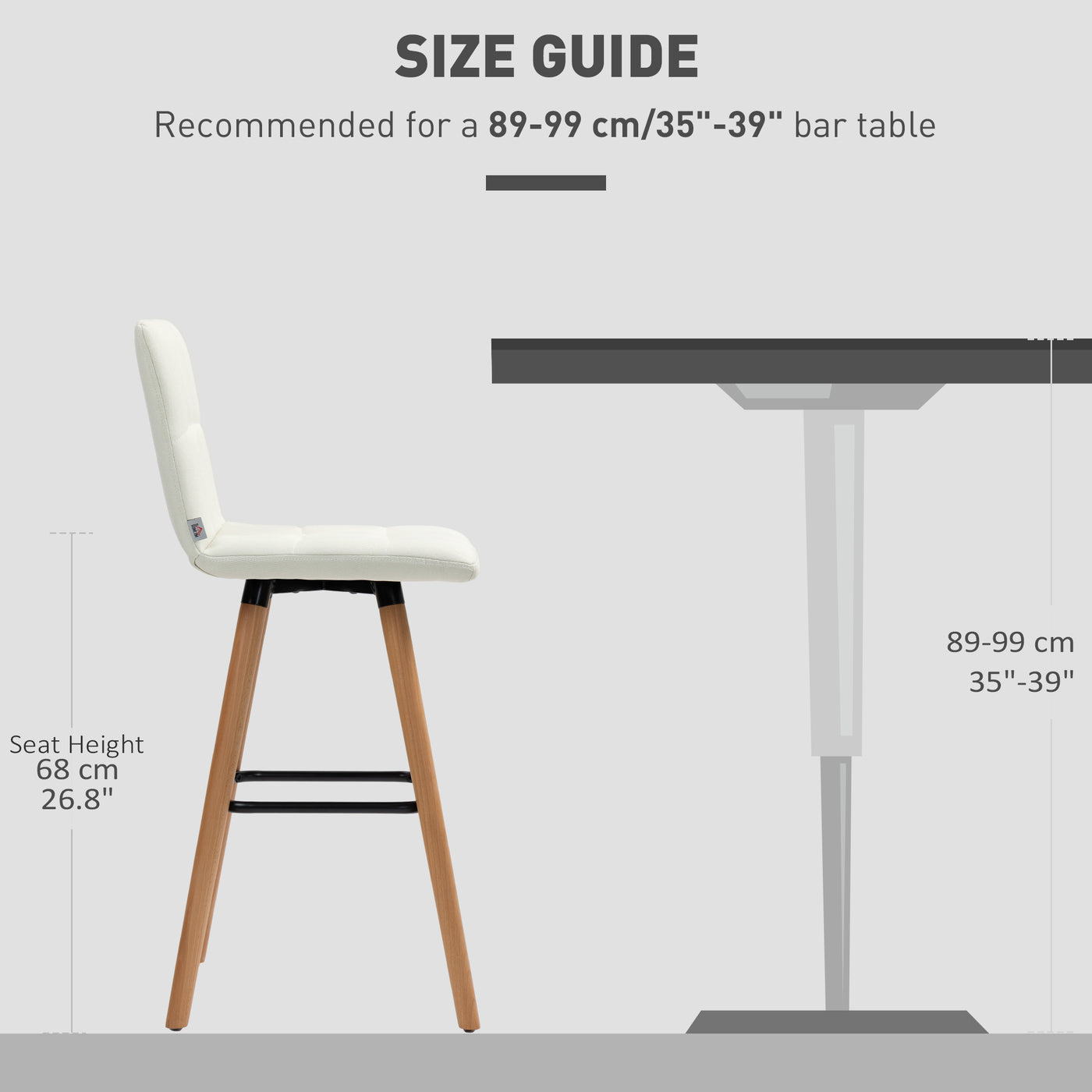 Modern Bar Stools Set of 2, 38" Upholstered Kitchen Island Stool with Solid Wood Legs, White