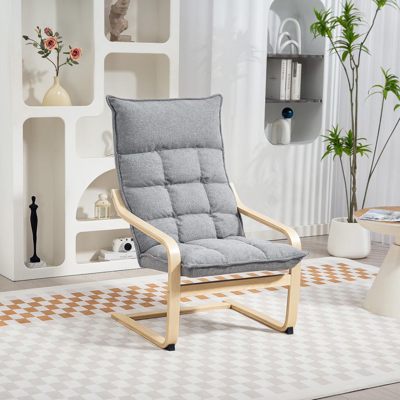 Modern Armchair, Upholstered Accent Chair with Curved Leg and Arm, Leisure Lounge Chair for Living Room, Light Grey