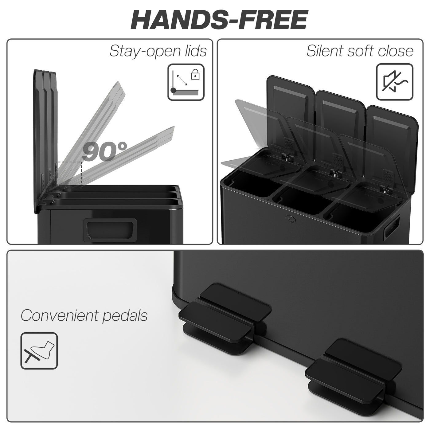 Garbage Bin, Soft-Close Trash Can with Foot Pedal, 3x5 Gallon (3x20 L) Garbage Can with Removable Inner Buckets, Black