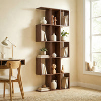 5-Tier Bookshelf, S Shaped Geometric Bookcase with 15 Compartments, Brown Wood Grain