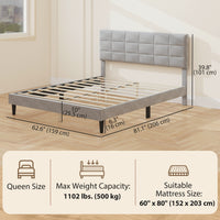 Queen Size Bed Frame with Upholstered Headboard, Modern Platform Bed Frame with Wood Slats, 1100 lbs Capacity, Grey