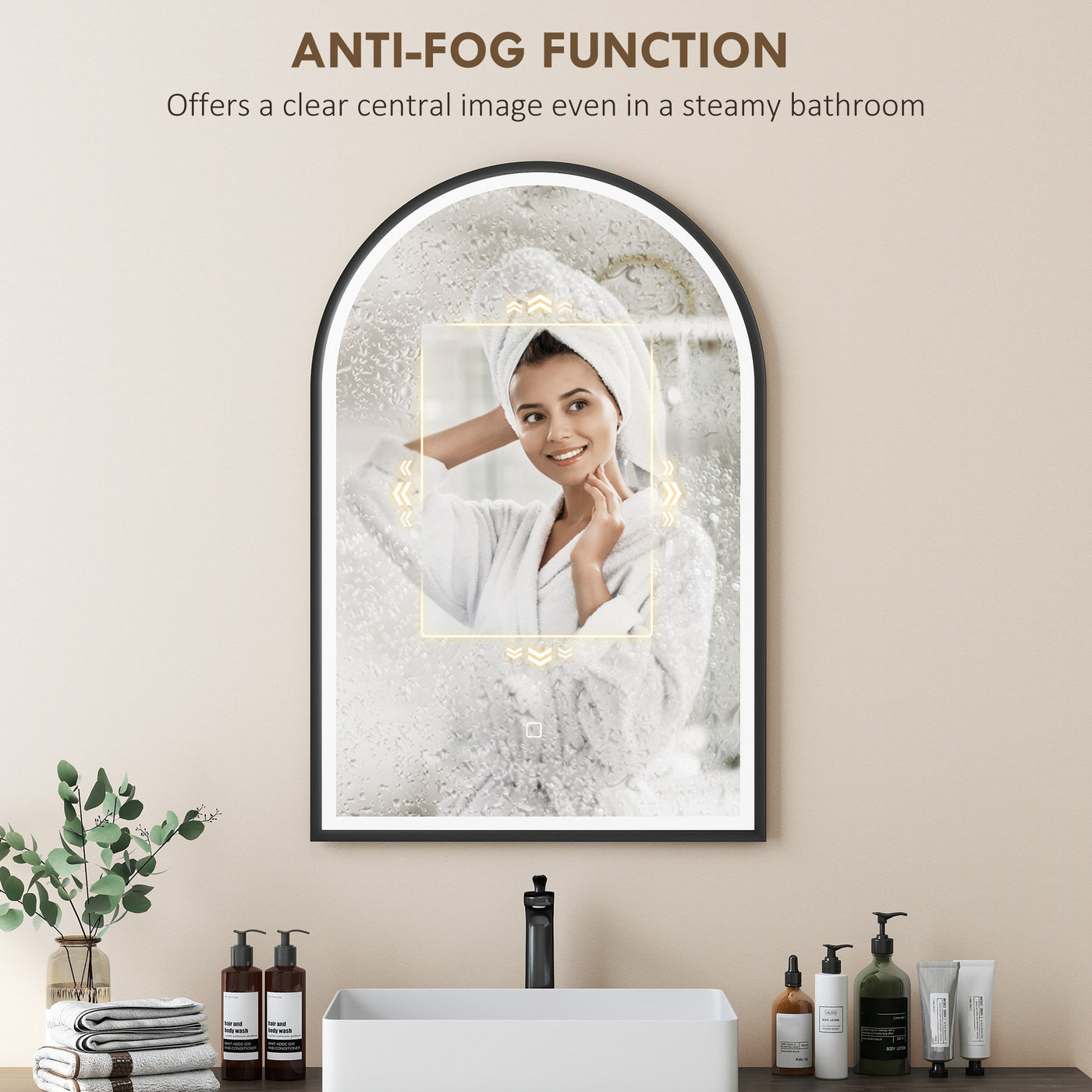 24" x 36" LED Bathroom Mirror, Arched Tempered Glass Wall Mirror, Anti-Fog, Dimmable, Memory Function, Black